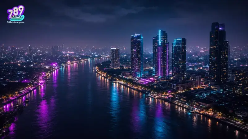 Đêm thành phố Đông Nam Á, ánh tím và xanh phản trên sông