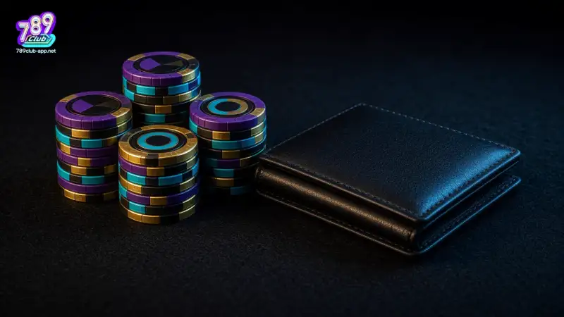 Chip tím và ví da trên bàn tối của 789CLUB